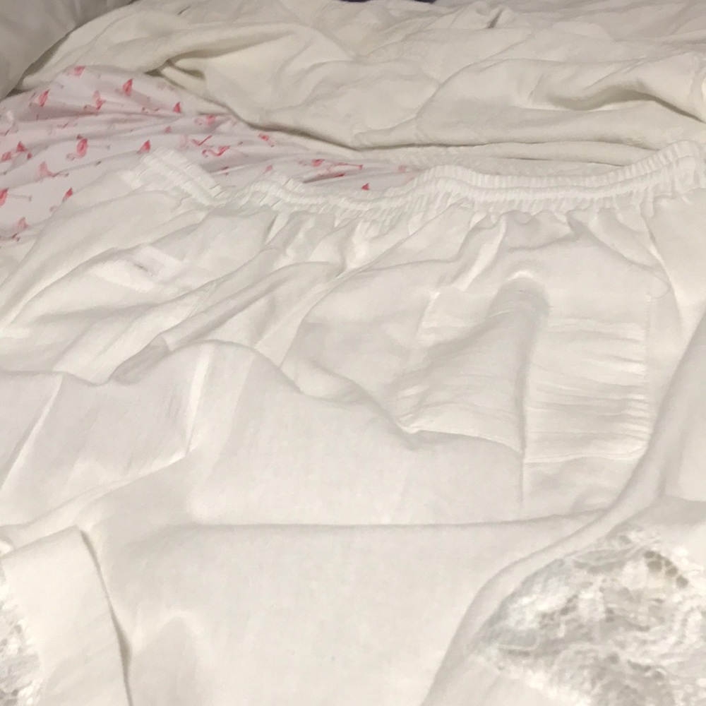 White cotton pants drawstring tie lace inserts at bottom of legs